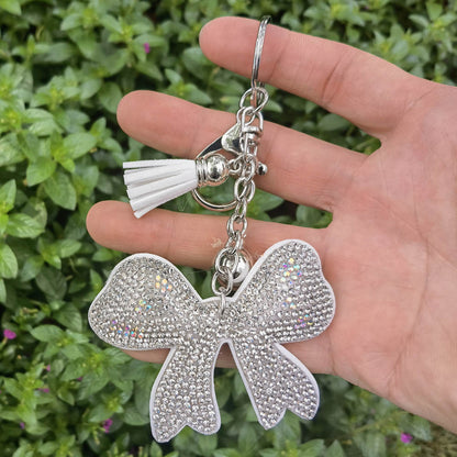 Shimmer Bow Keychain – Leather & Crystal Accent