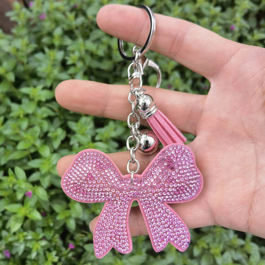 Shimmer Bow Keychain – Leather & Crystal Accent